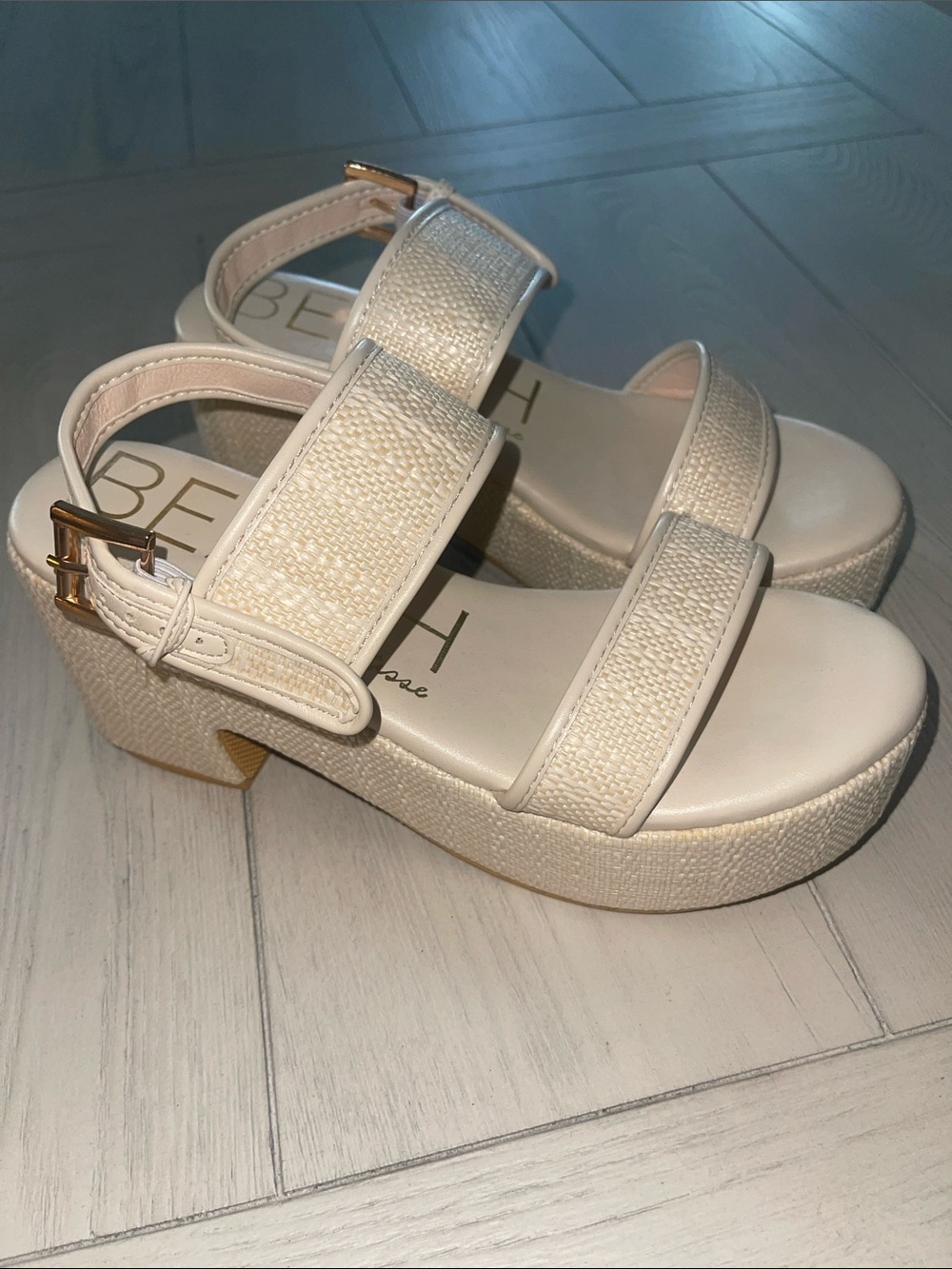 Matisse Cream Woven Platform Sandals with Gold Buckle